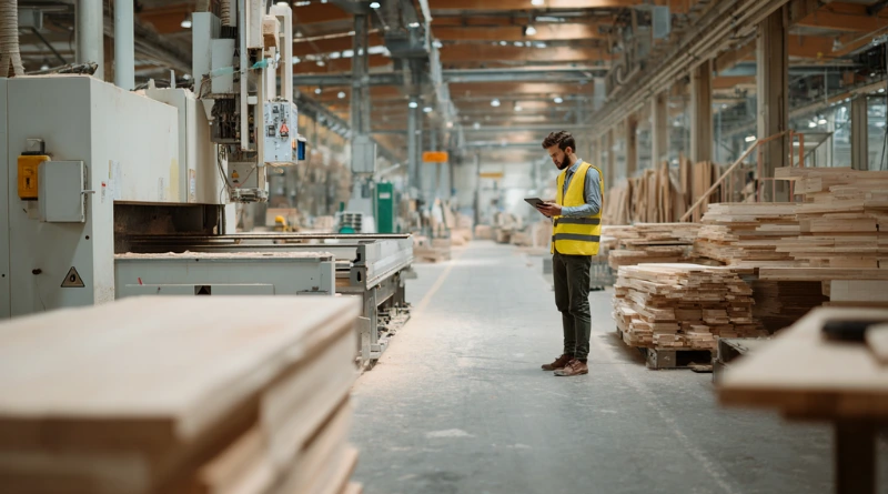Modern bir mobilya üretim fabrikasında elinde tablet ile CNC makinesini denetleyen Ağaç İşleri Endüstri Mühendisi.
