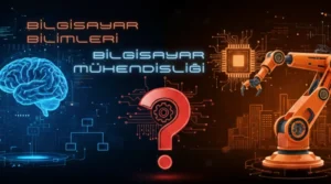 Bilgisayar Bilimleri ve Bilgisayar Mühendisliği farkını gösteren, bir yanda yapay zeka beyni (Bilim), diğer yanda robot kolu (Mühendislik) olan karşılaştırmalı kapak görseli.