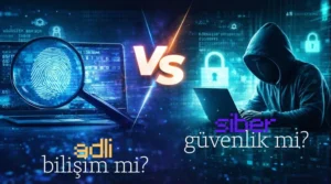 Adli bilişim ve siber güvenlik arasındaki farkı temsil eden dijital kapak görseli