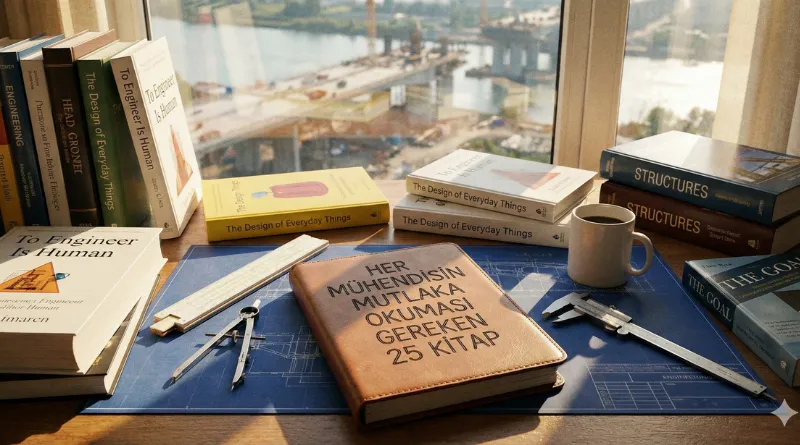 Her mühendisin mutlaka okuması gereken 25 kitap listesi, mühendislik araçları ve kumpas içeren çalışma masası konsepti.